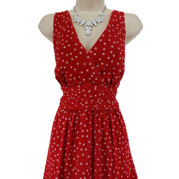 Red White Polka Dot Print Chiffon Midi Dress‎ Size 14 New Summer Party Wedding - Picture 2 of 7